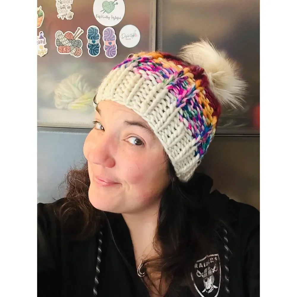 Handmade Neon Merino Wool Beanie: Colorful Winter Hat with Faux Fur Pom